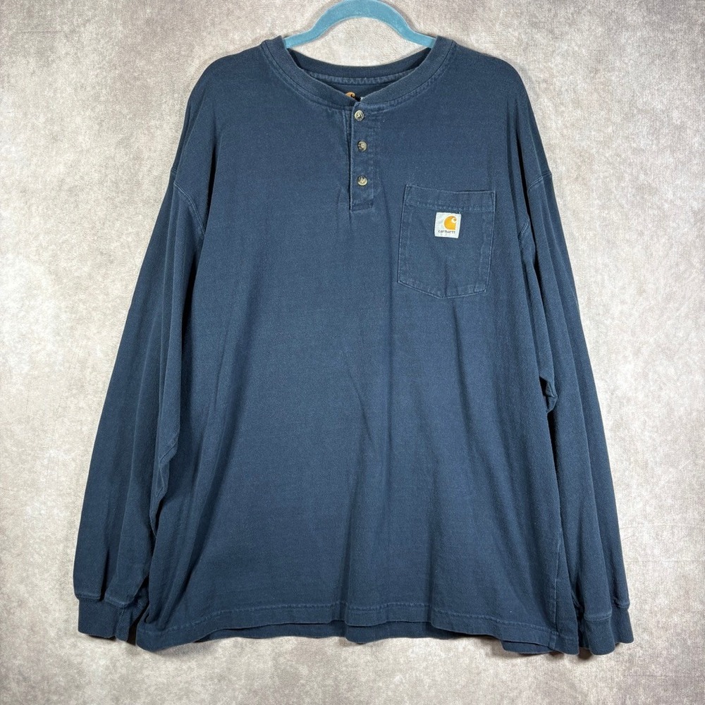 Carhartt Henley Shirt Mens XL Navy Blue K128 Long Sleeve Pocket Workwear Cotton